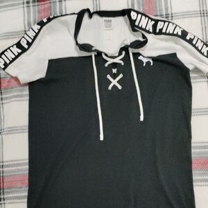 PINK Victoria's Secret Black and White Lace-Up Top